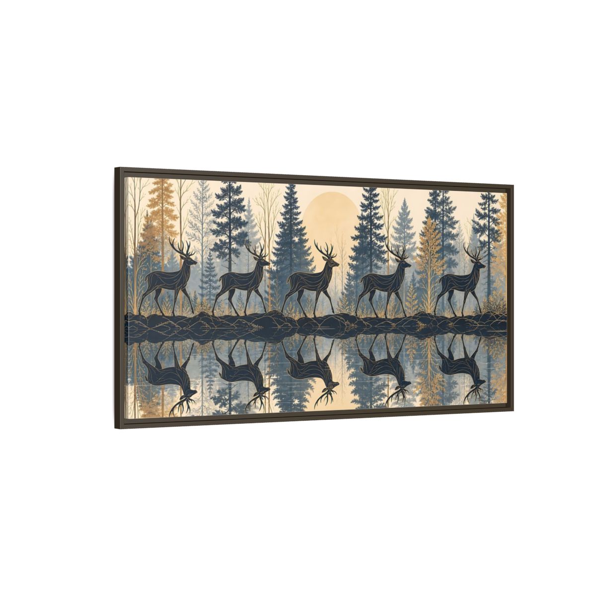 Side Mockup 4. Nature Stags Blue Gold Stags shown as stretched canvas wall art