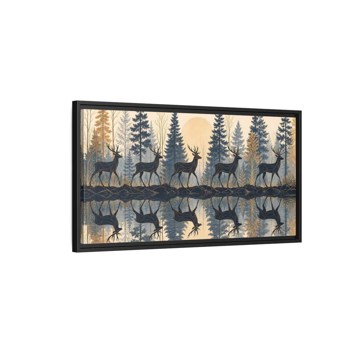 Side Mockup 2. Nature Stags Blue Gold Stags shown as stretched canvas wall art