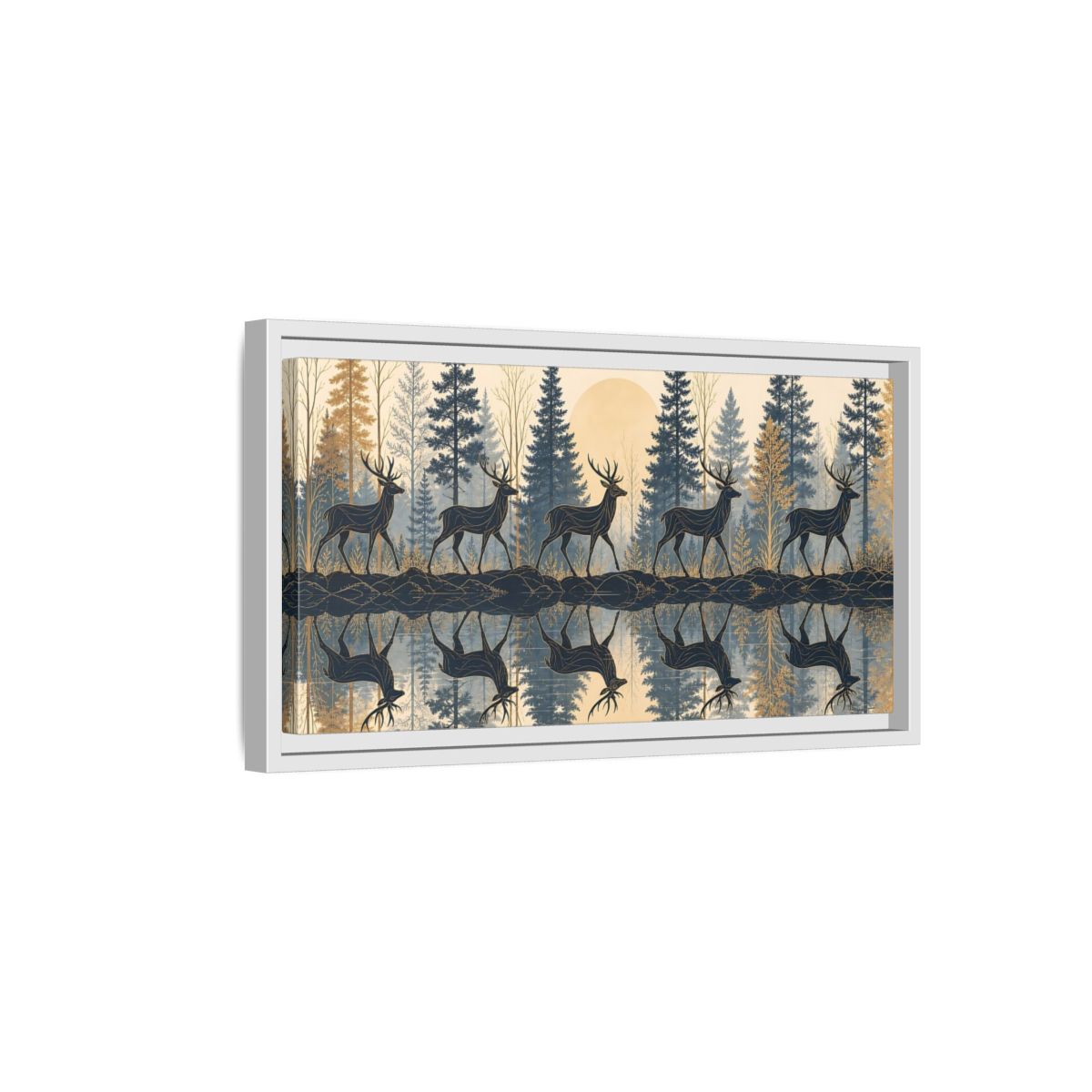 Side Mockup 6. Nature Stags Blue Gold Stags shown as stretched canvas wall art