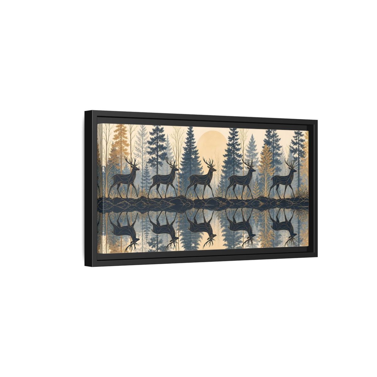 Side Mockup 8. Nature Stags Blue Gold Stags shown as stretched canvas wall art