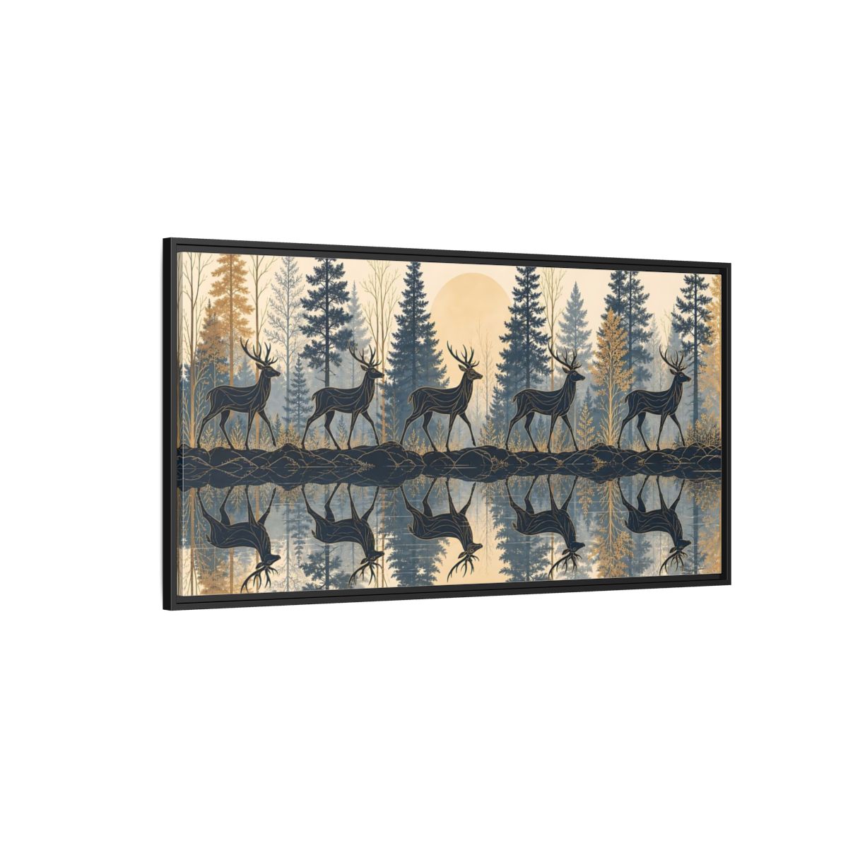 Side Mockup 5. Nature Stags Blue Gold Stags shown as stretched canvas wall art