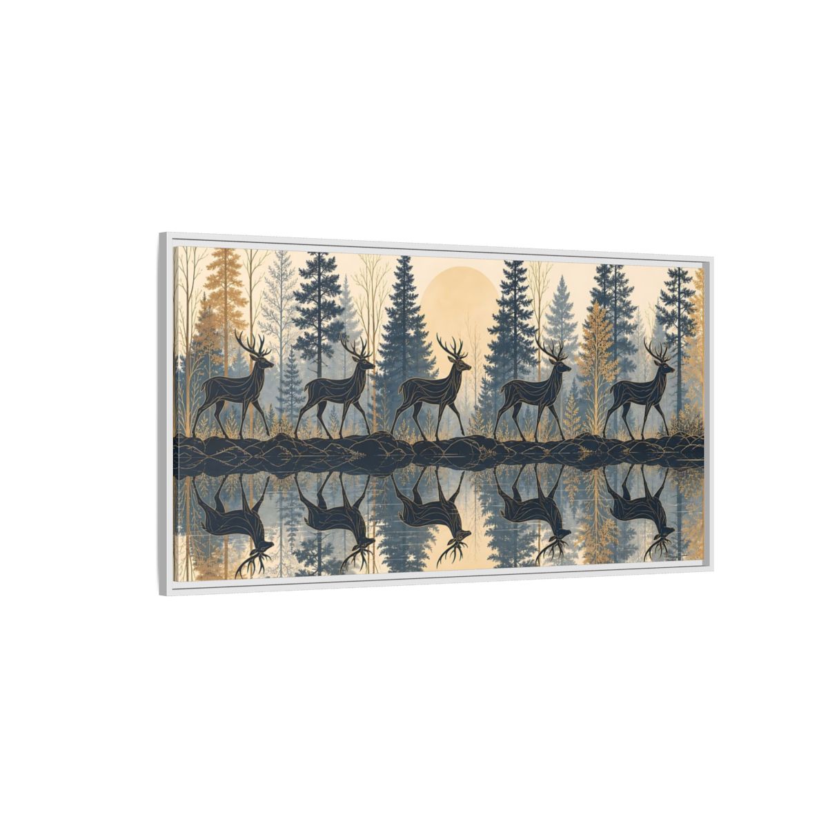 Side Mockup 3. Nature Stags Blue Gold Stags shown as stretched canvas wall art
