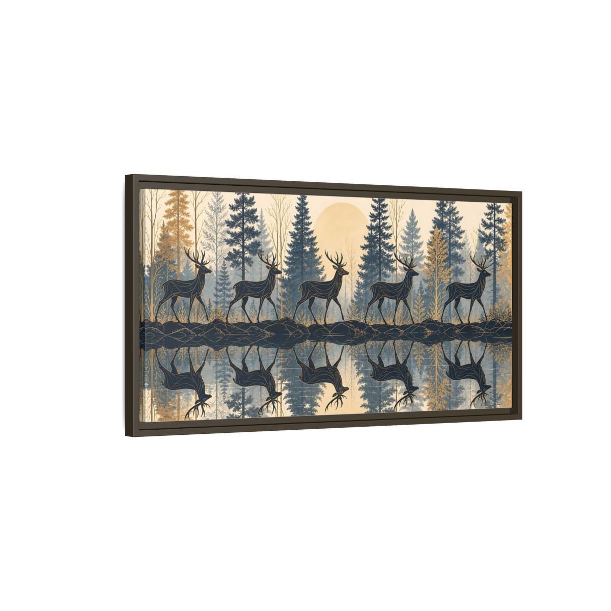 Main Mockup. Nature Stags Blue Gold Stags shown as stretched canvas wall art