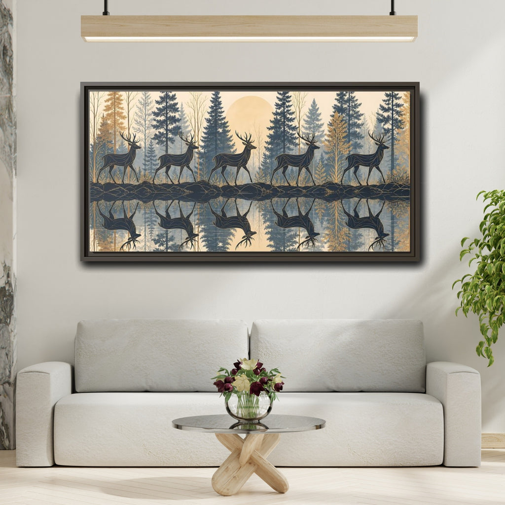 Mockup 2. Nature Stags Blue Gold Stags shown as stretched canvas wall art
