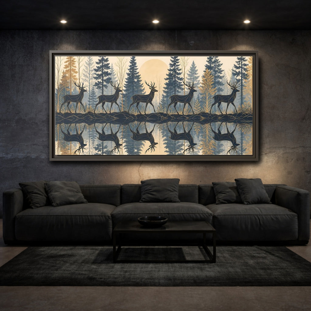 Mockup 3. Nature Stags Blue Gold Stags shown as stretched canvas wall art