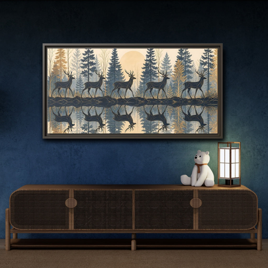 Mockup 4. Nature Stags Blue Gold Stags shown as stretched canvas wall art