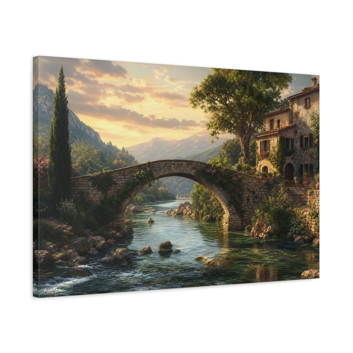 Side Mockup 2. Nature Stone Bridge Tuscan Landscape shown as stretched canvas wall art