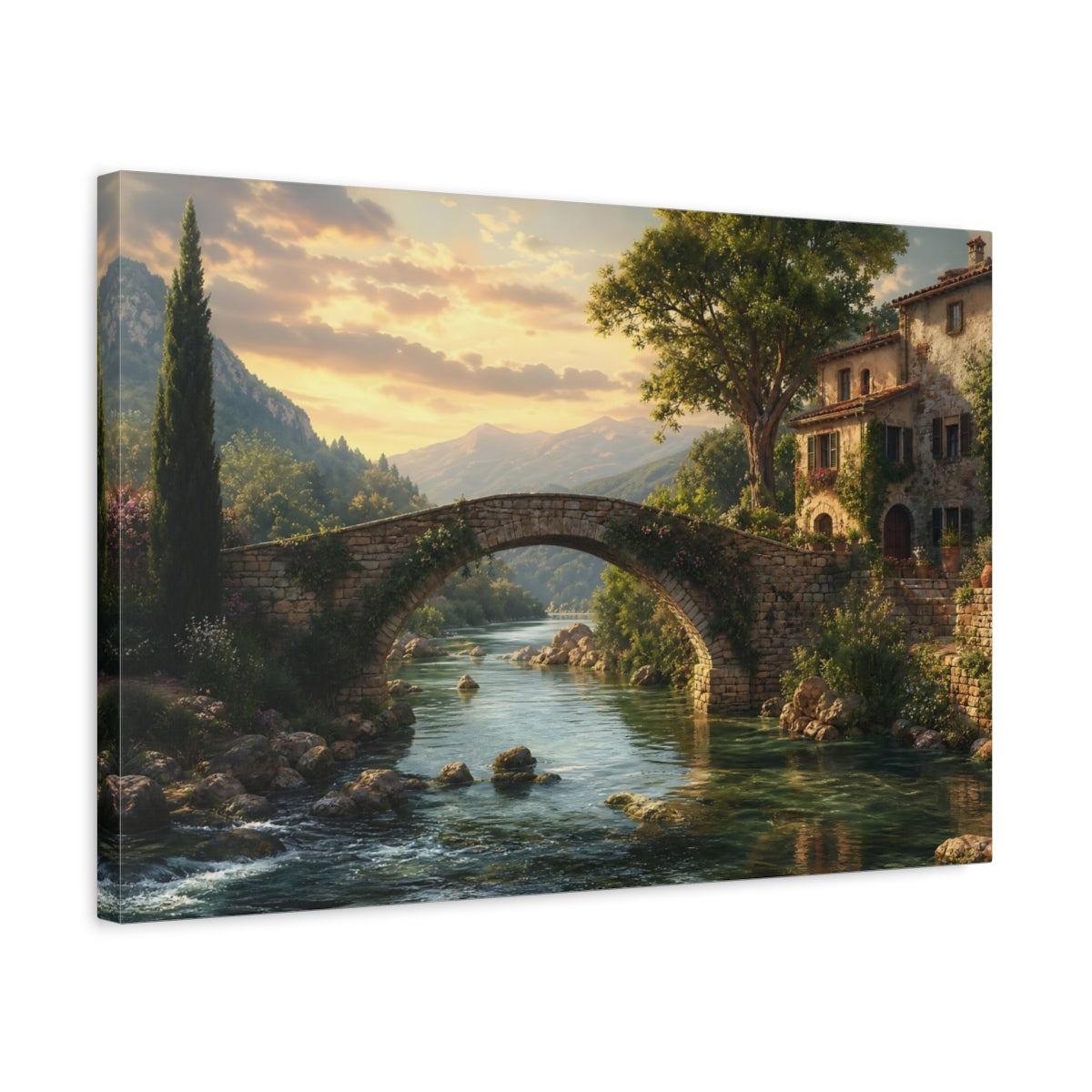 Side Mockup 3. Nature Stone Bridge Tuscan Landscape shown as stretched canvas wall art