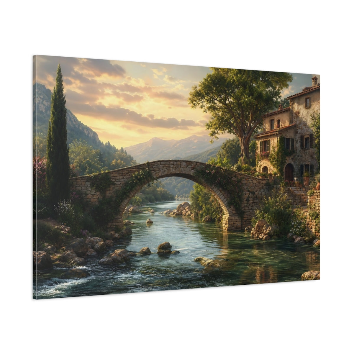 Side Mockup 1. Nature Stone Bridge Tuscan Landscape shown as stretched canvas wall art