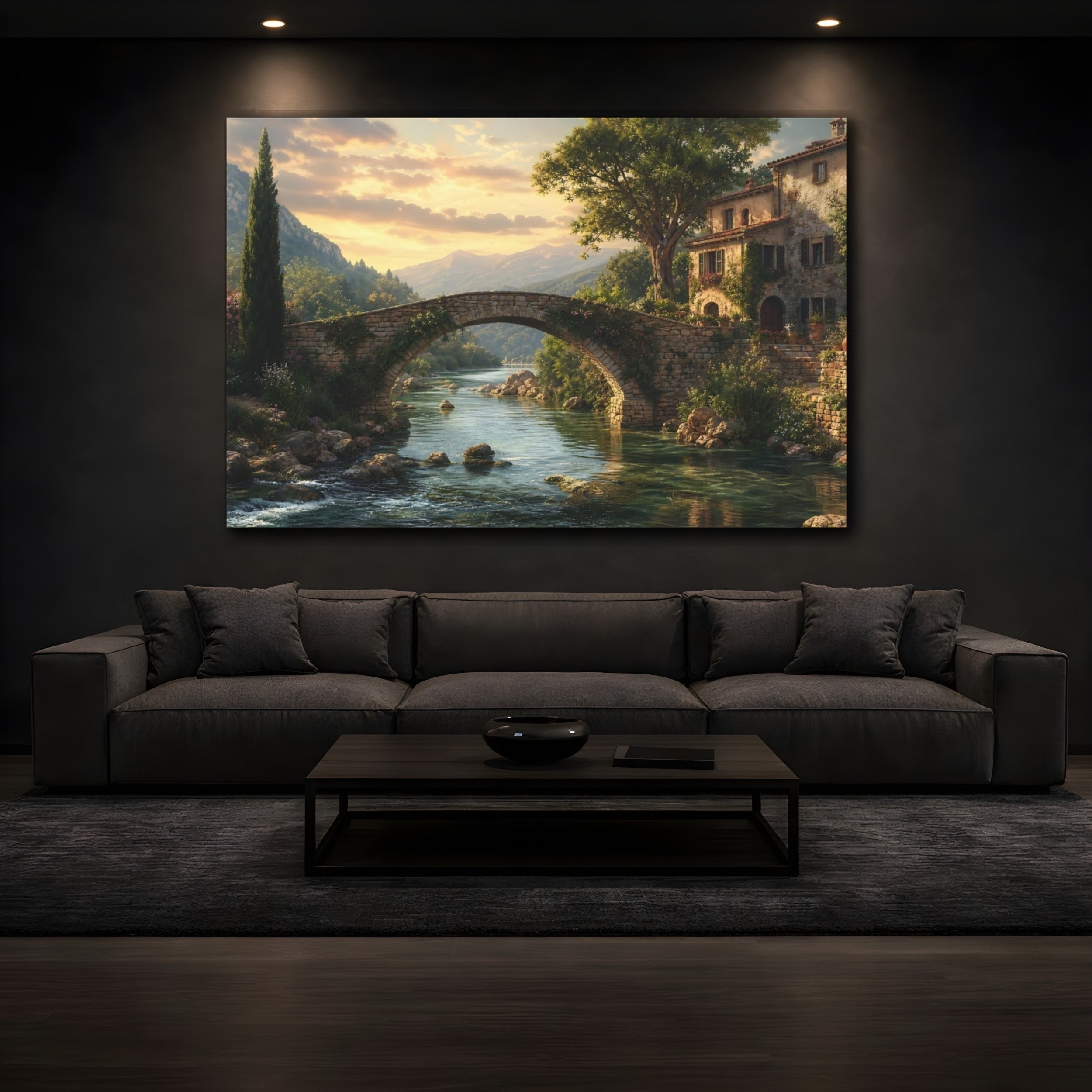 Mockup 3. Nature Stone Bridge Tuscan Landscape shown as stretched canvas wall art