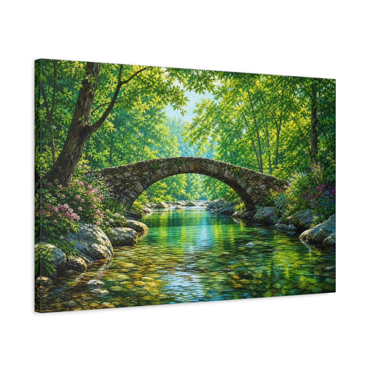 Side Mockup 2. Nature Stone Bridge Vibrant Green shown as stretched canvas wall art