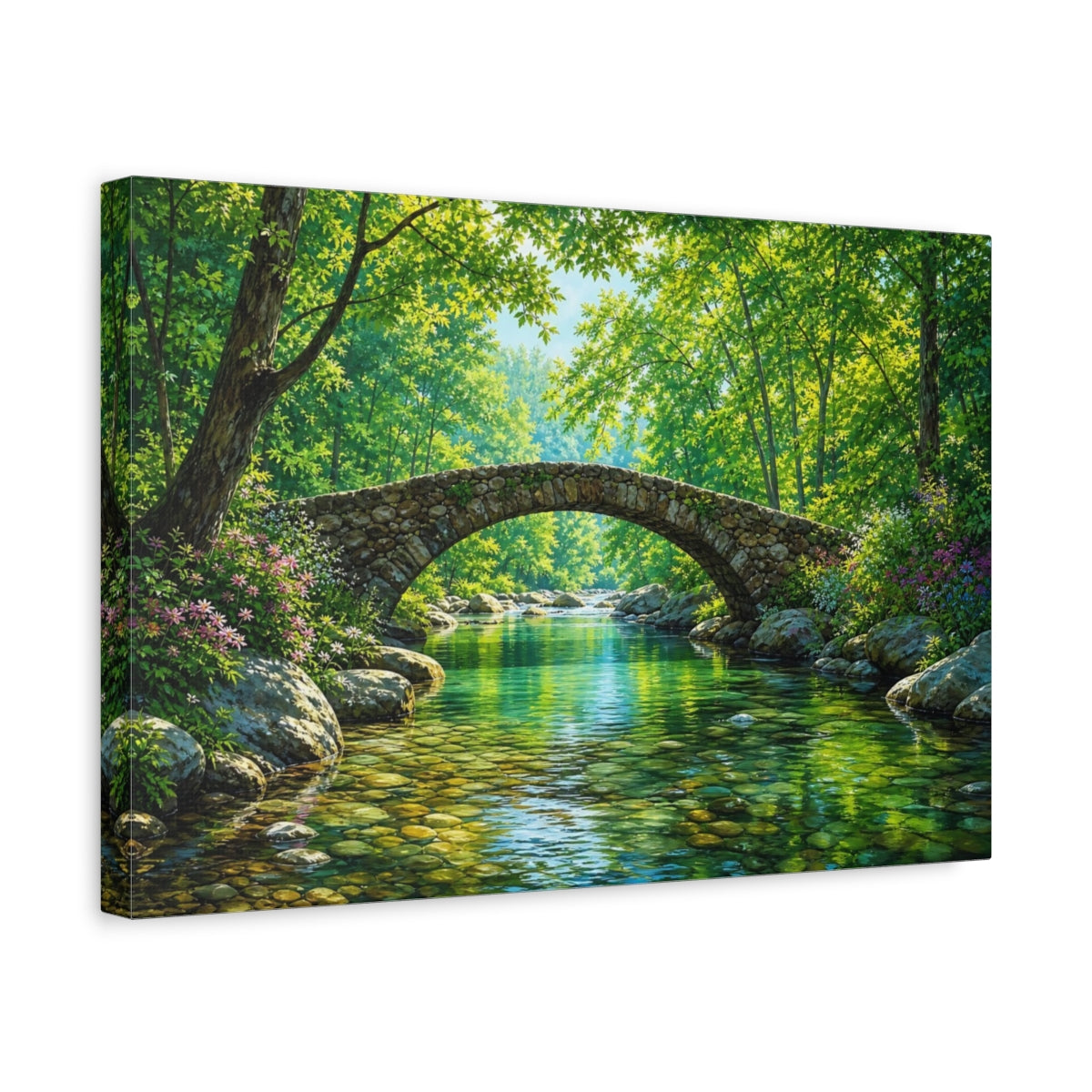 Side Mockup 4. Nature Stone Bridge Vibrant Green shown as stretched canvas wall art