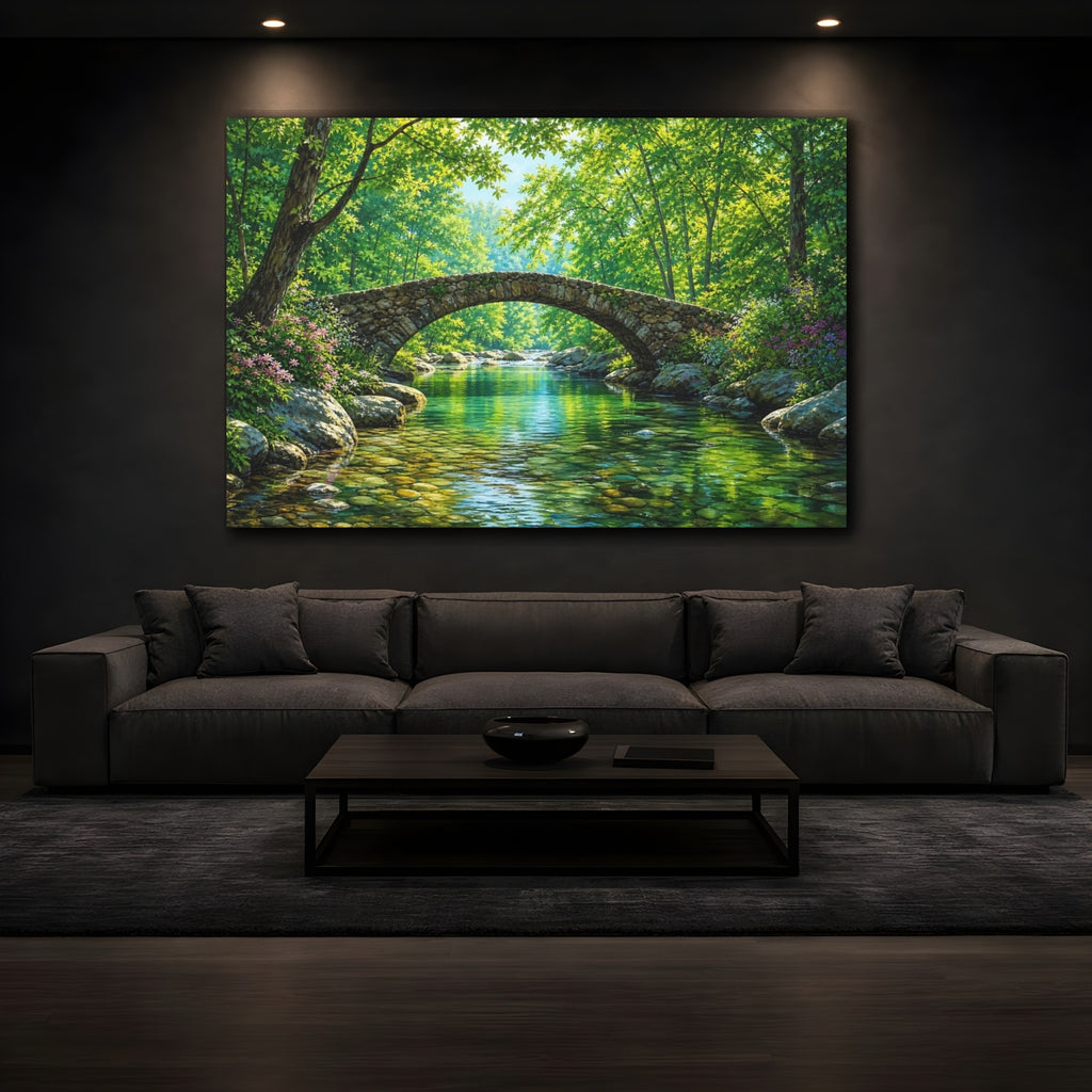 Mockup 3. Nature Stone Bridge Vibrant Green shown as stretched canvas wall art