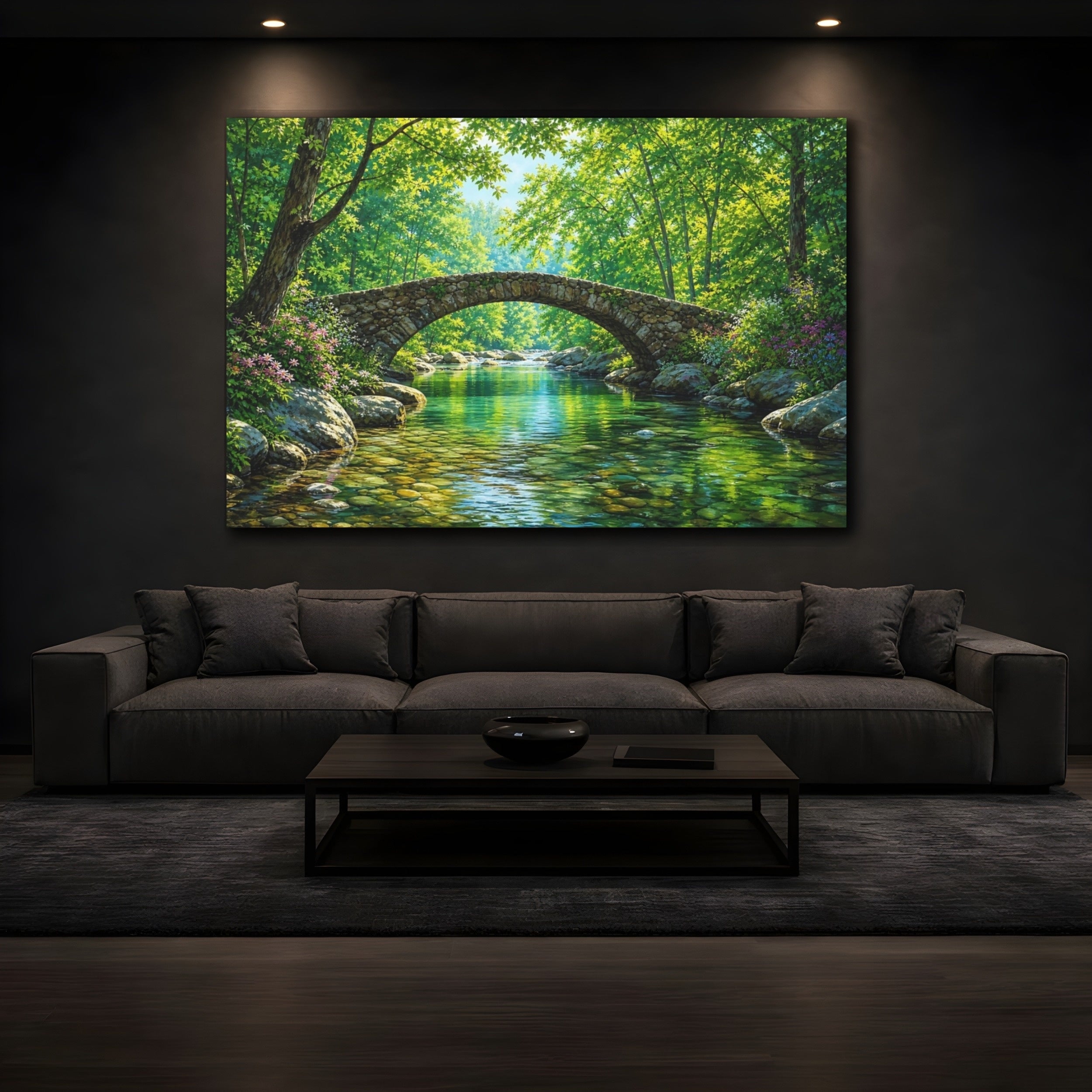 Mockup 3. Nature Stone Bridge Vibrant Green shown as stretched canvas wall art