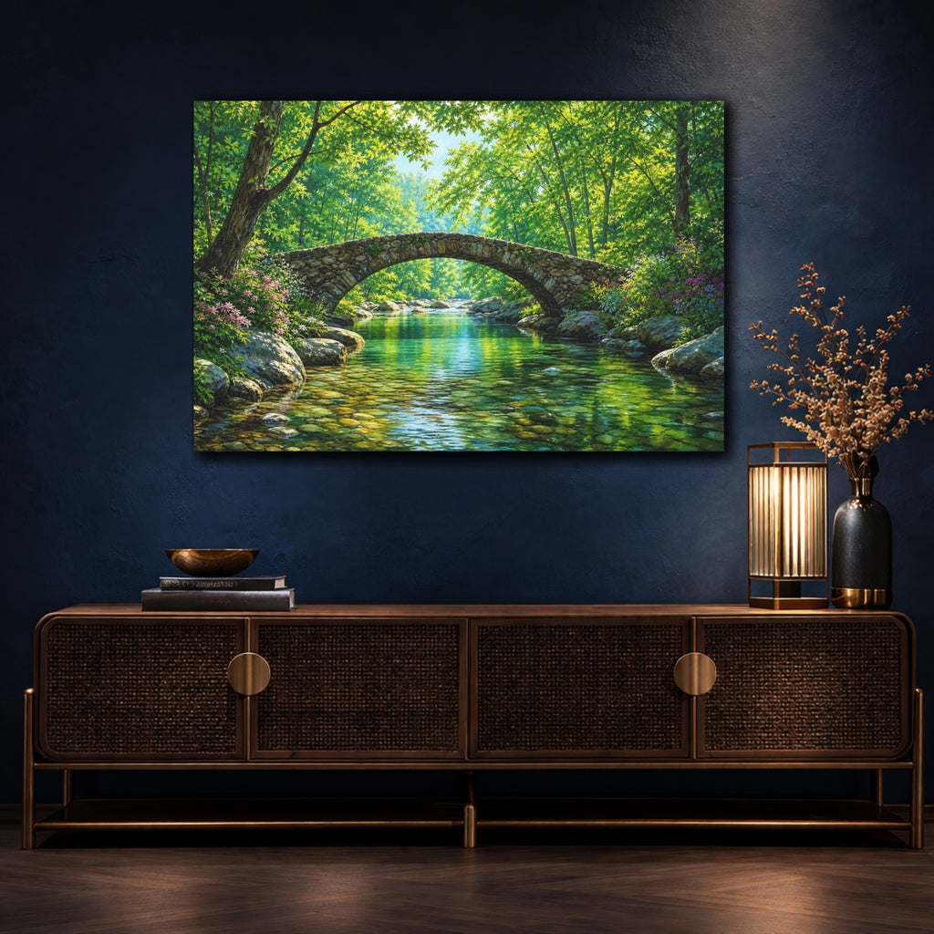 Mockup 4. Nature Stone Bridge Vibrant Green shown as stretched canvas wall art