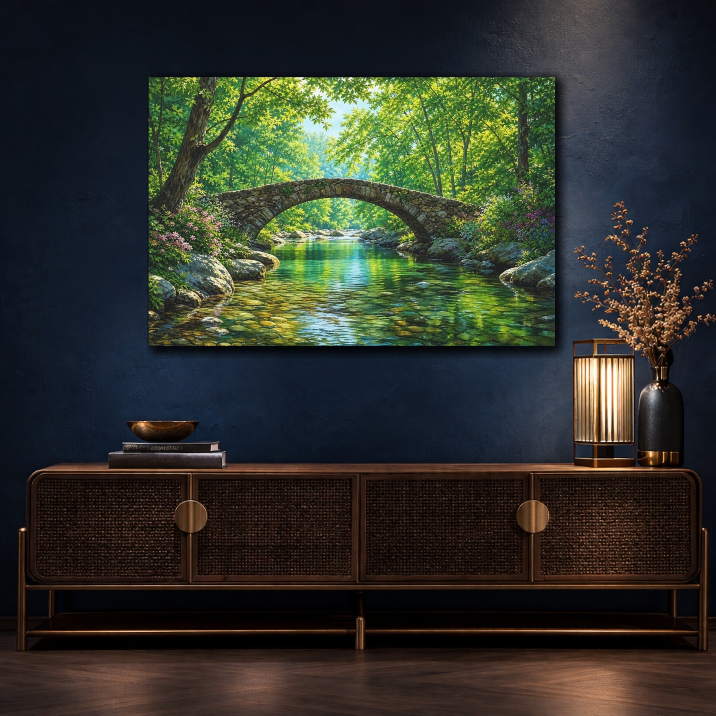 Mockup 4. Nature Stone Bridge Vibrant Green shown as stretched canvas wall art