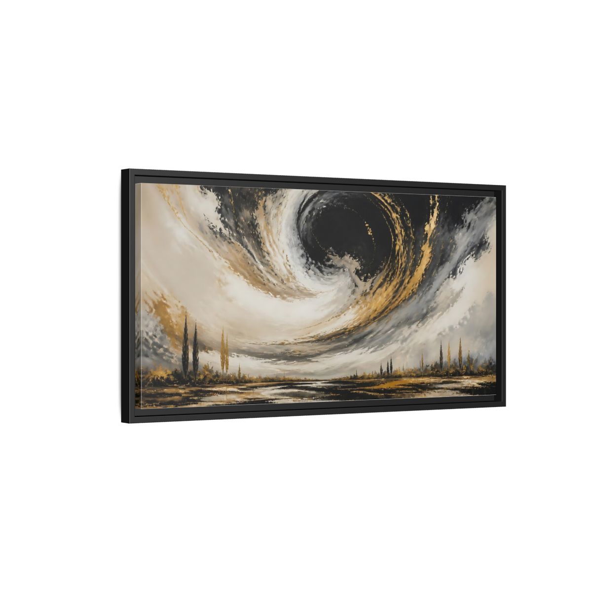 Side Mockup 2. Nature Storm Vortex Black Gold Storm shown as stretched canvas wall art