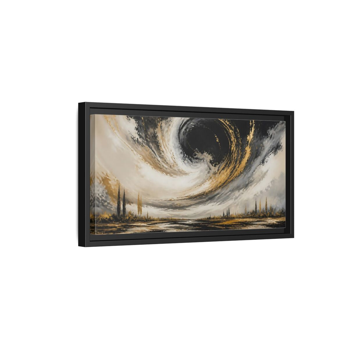 Side Mockup 8. Nature Storm Vortex Black Gold Storm shown as stretched canvas wall art