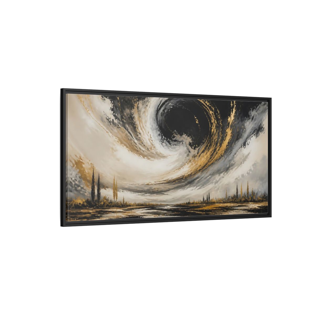Side Mockup 5. Nature Storm Vortex Black Gold Storm shown as stretched canvas wall art