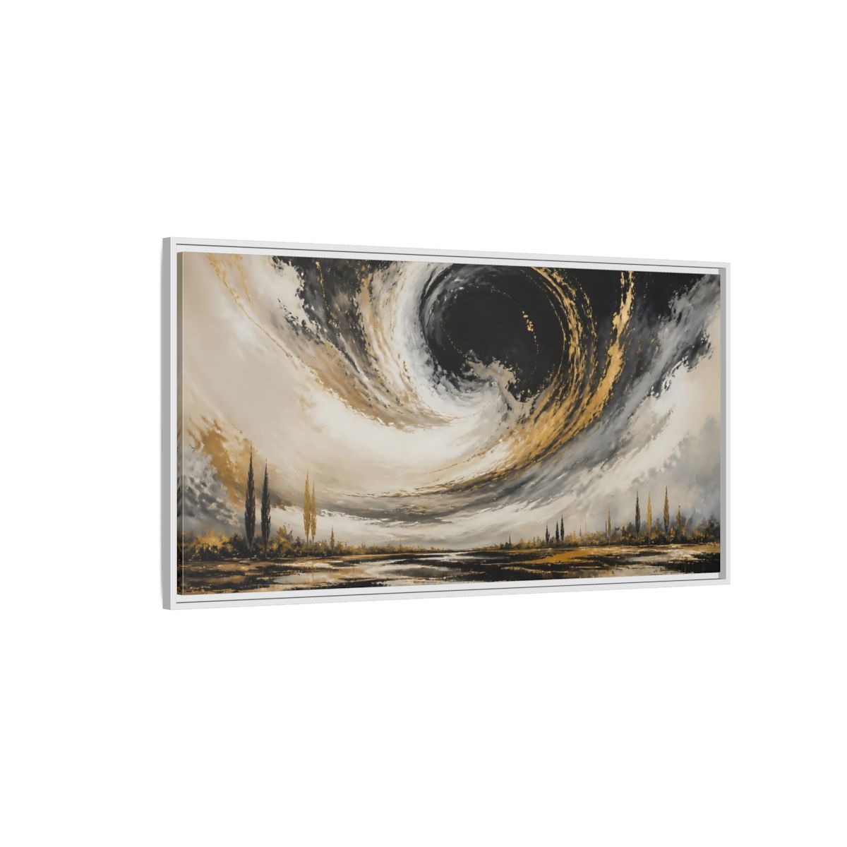 Side Mockup 3. Nature Storm Vortex Black Gold Storm shown as stretched canvas wall art