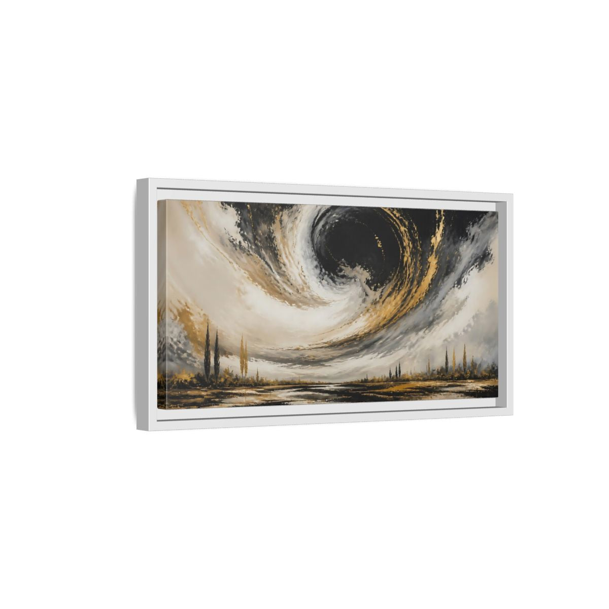 Side Mockup 6. Nature Storm Vortex Black Gold Storm shown as stretched canvas wall art