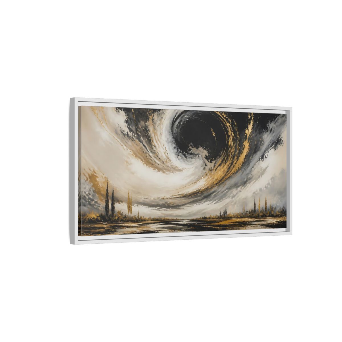 Side Mockup 1. Nature Storm Vortex Black Gold Storm shown as stretched canvas wall art