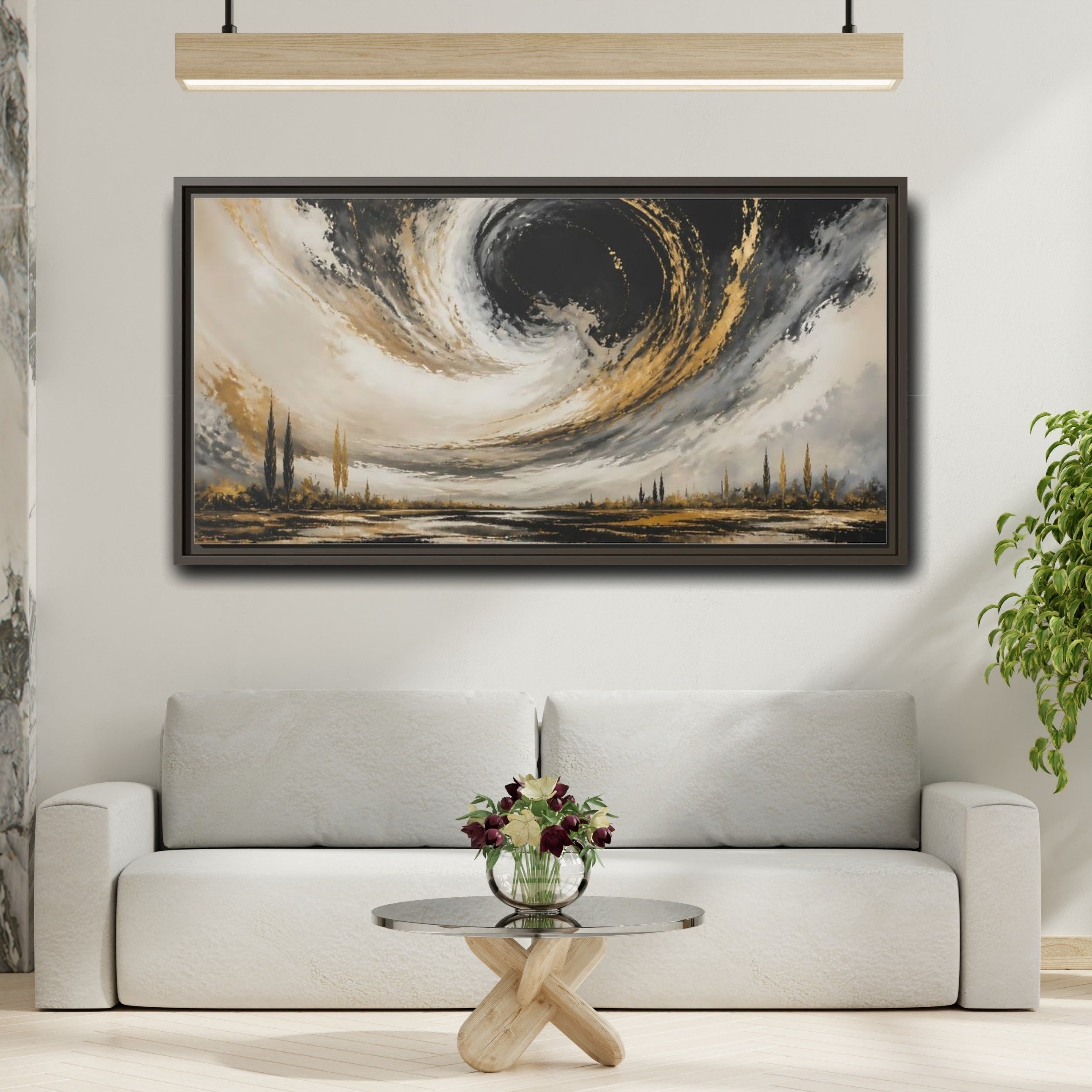 Mockup 2. Nature Storm Vortex Black Gold Storm shown as stretched canvas wall art