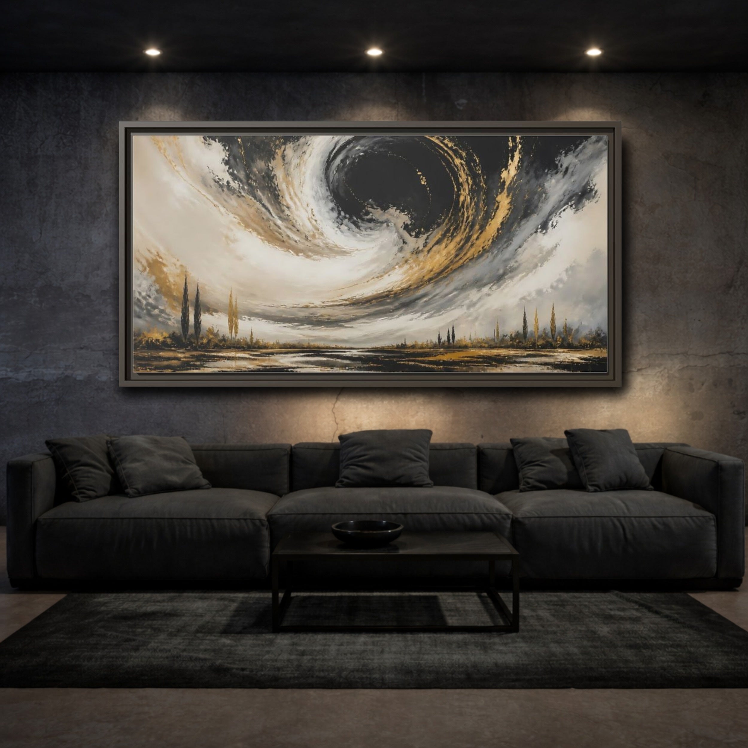 Mockup 3. Nature Storm Vortex Black Gold Storm shown as stretched canvas wall art