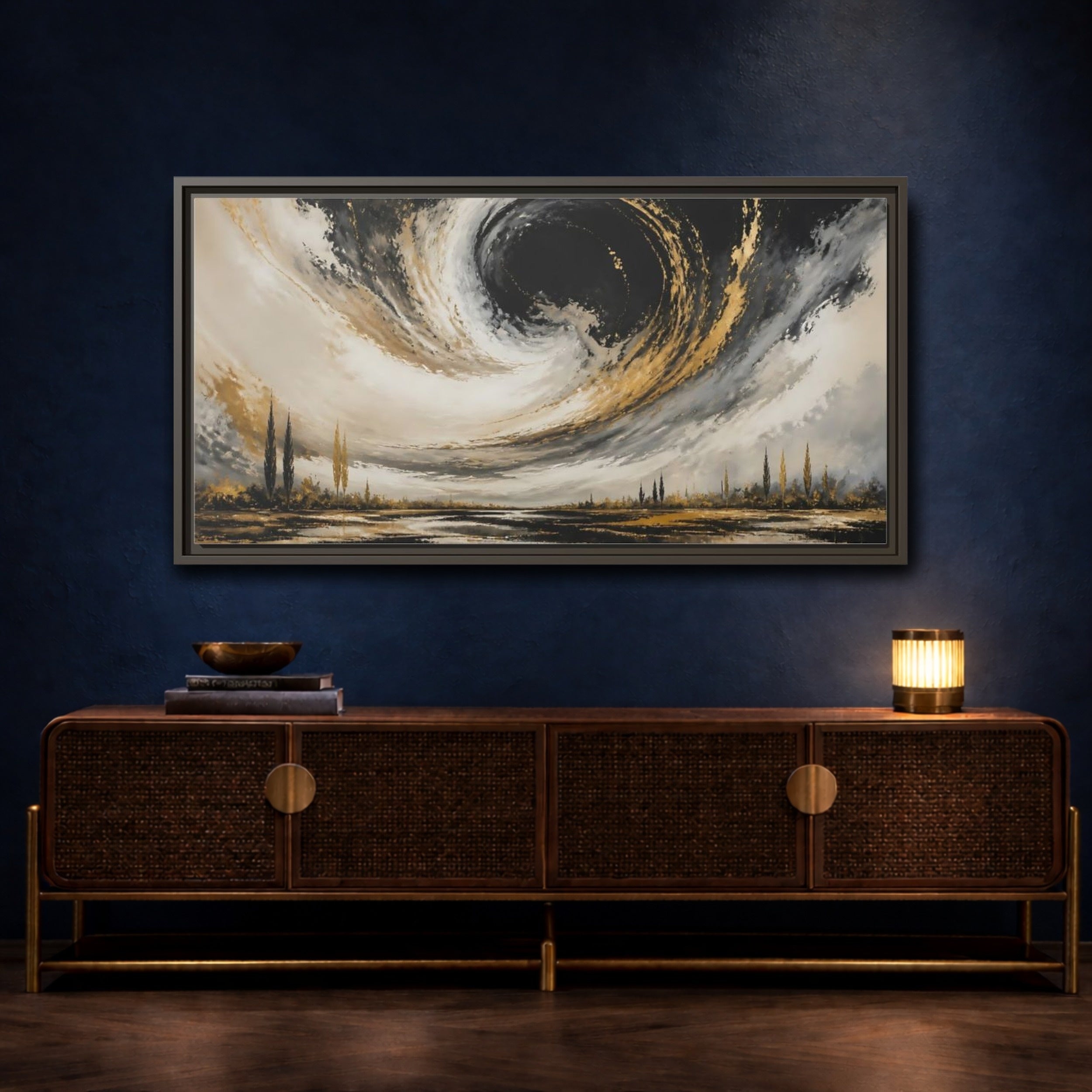 Mockup 4. Nature Storm Vortex Black Gold Storm shown as stretched canvas wall art