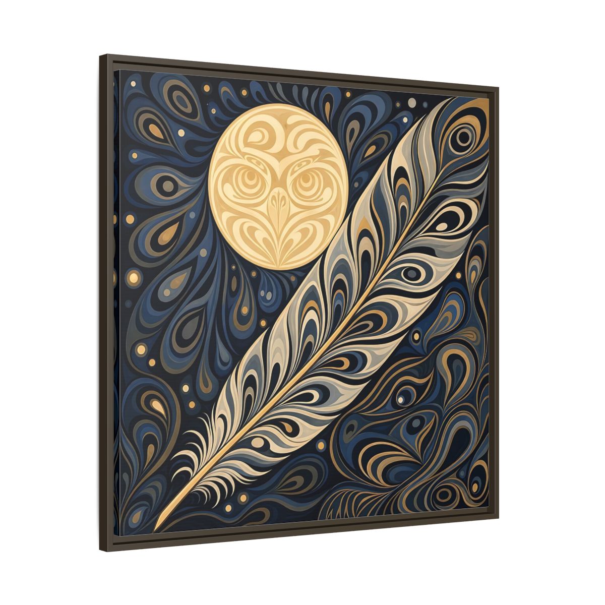 Main Mockup. Nature Stylized Feather Blue Gold shown as stretched canvas wall art