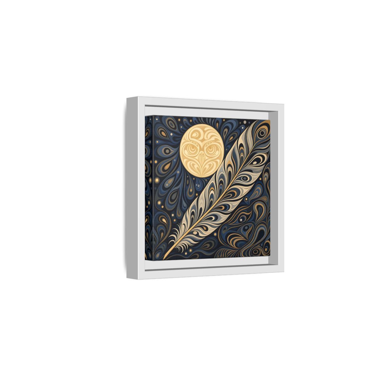 Side Mockup 1. Nature Stylized Feather Blue Gold shown as stretched canvas wall art