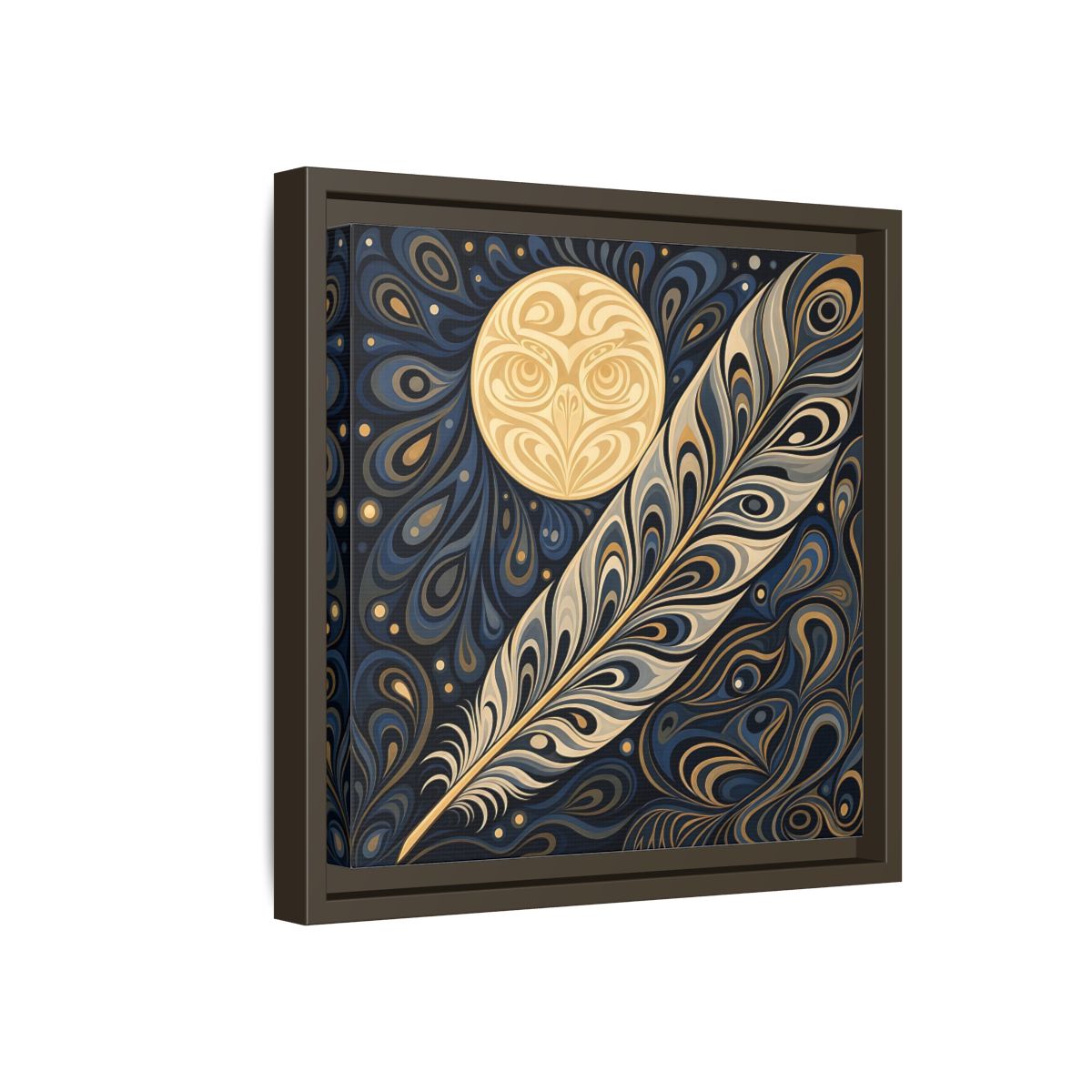 Side Mockup 17. Nature Stylized Feather Blue Gold shown as stretched canvas wall art
