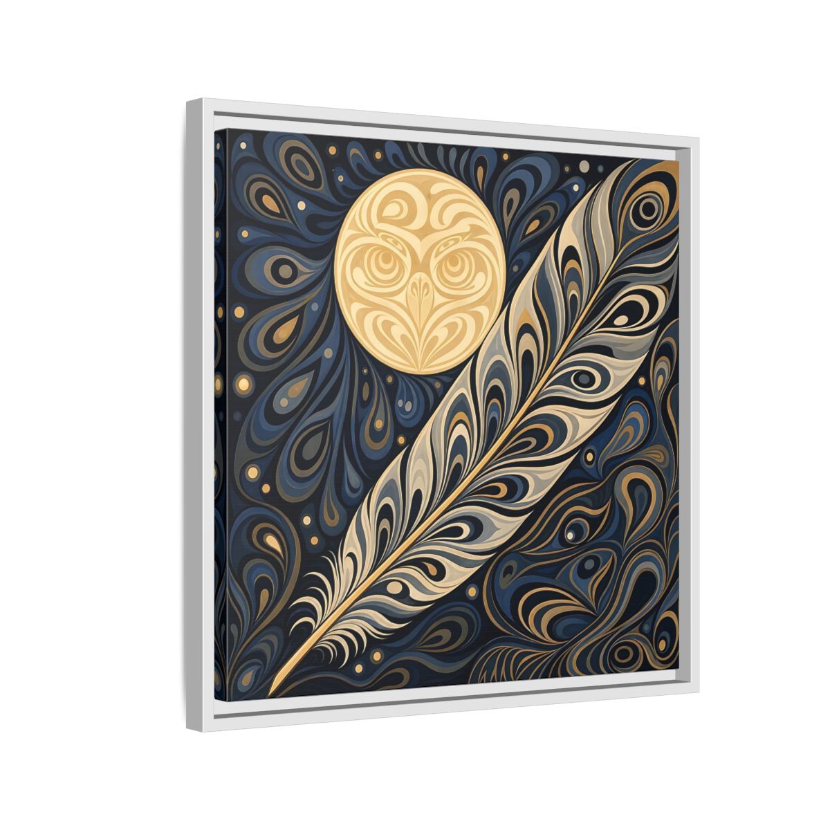 Side Mockup 10. Nature Stylized Feather Blue Gold shown as stretched canvas wall art