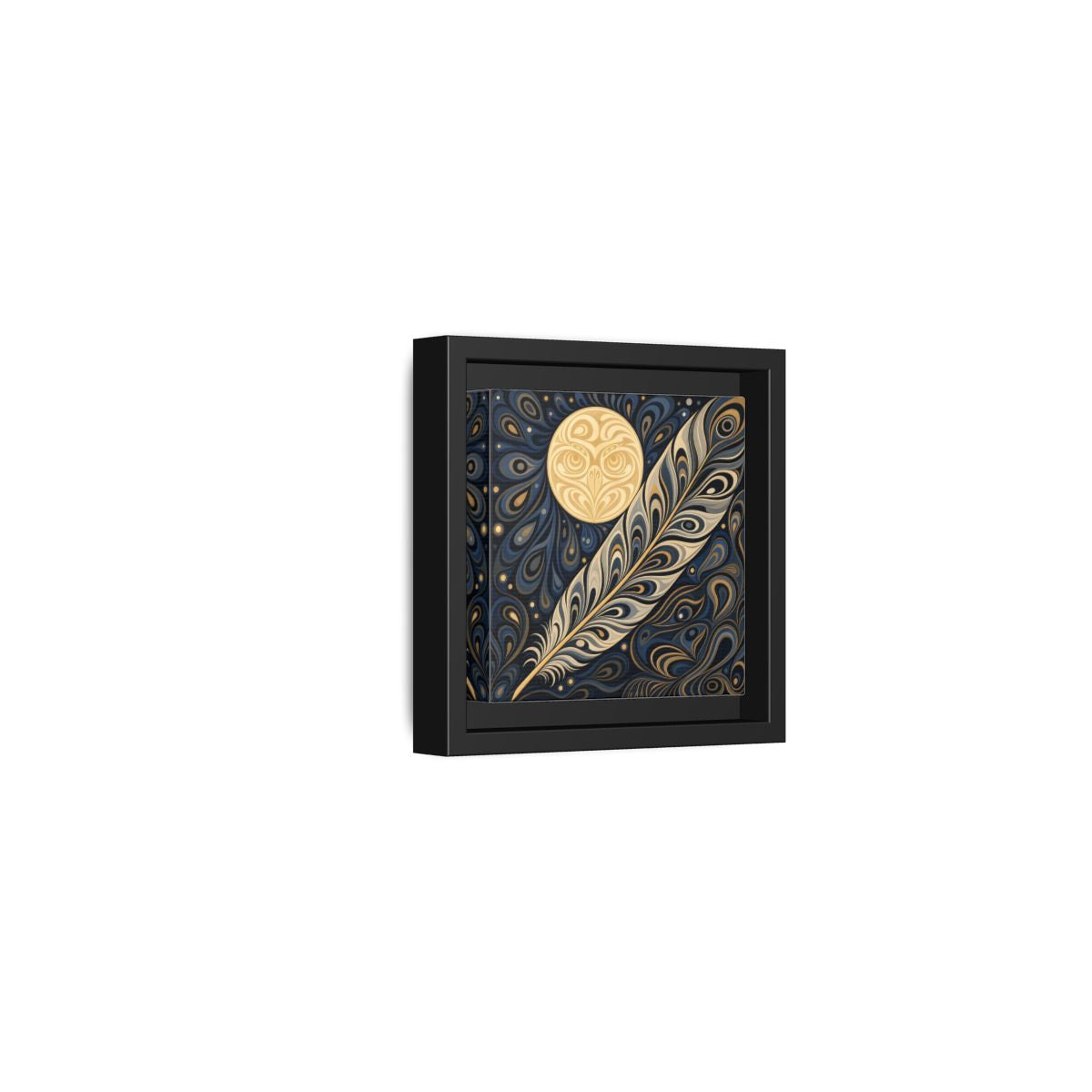 Side Mockup 24. Nature Stylized Feather Blue Gold shown as stretched canvas wall art
