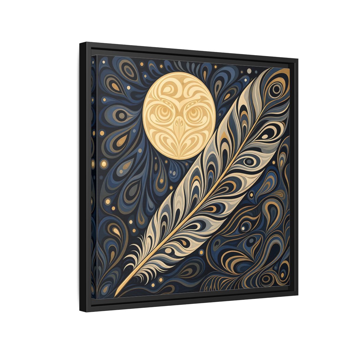 Side Mockup 12. Nature Stylized Feather Blue Gold shown as stretched canvas wall art