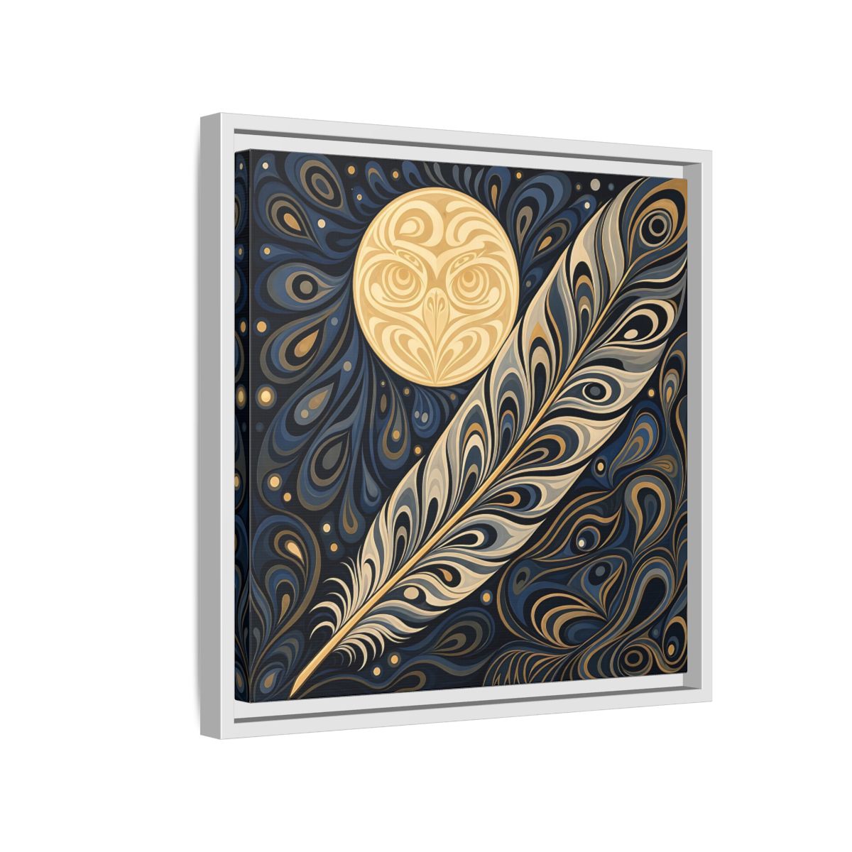 Side Mockup 13. Nature Stylized Feather Blue Gold shown as stretched canvas wall art