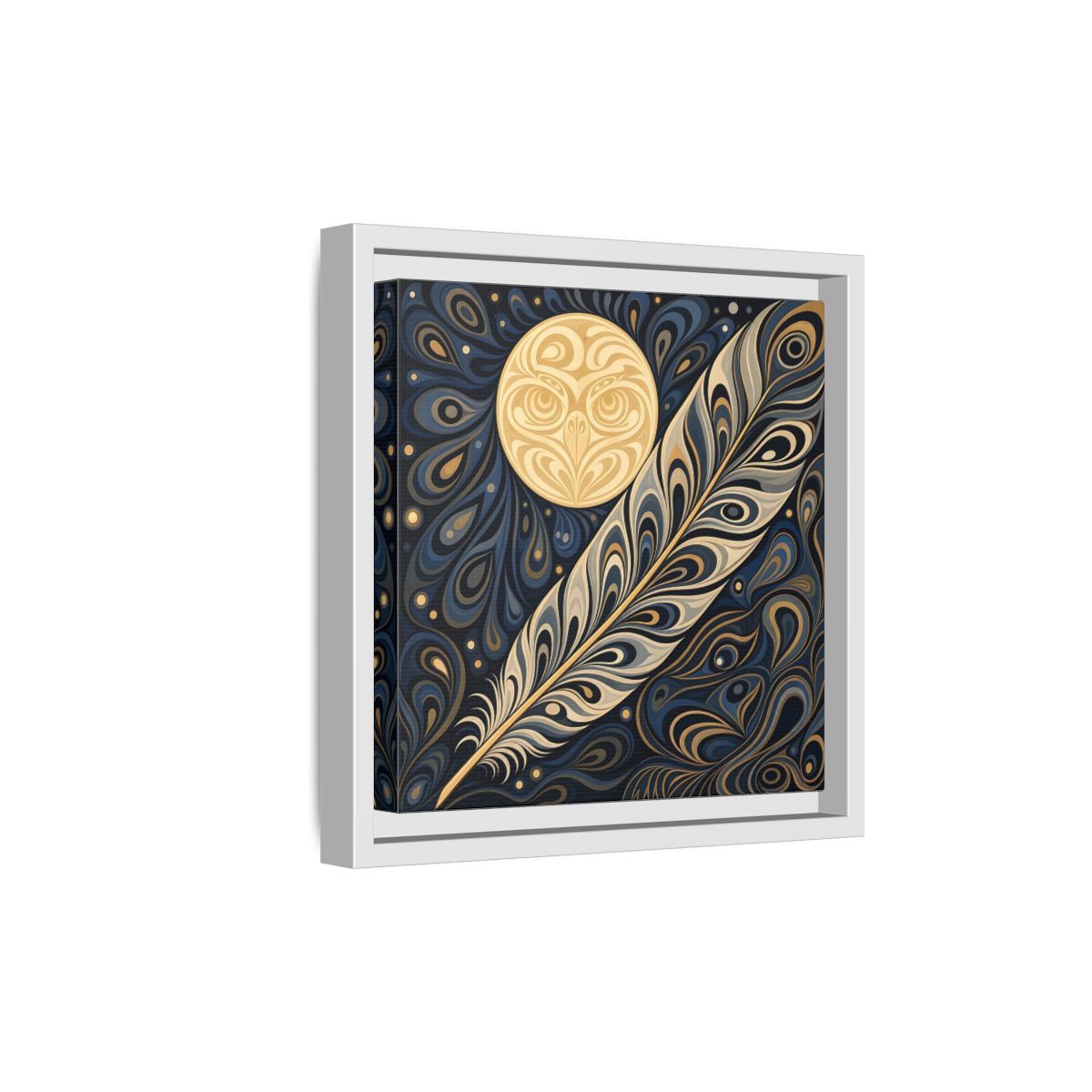 Side Mockup 19. Nature Stylized Feather Blue Gold shown as stretched canvas wall art
