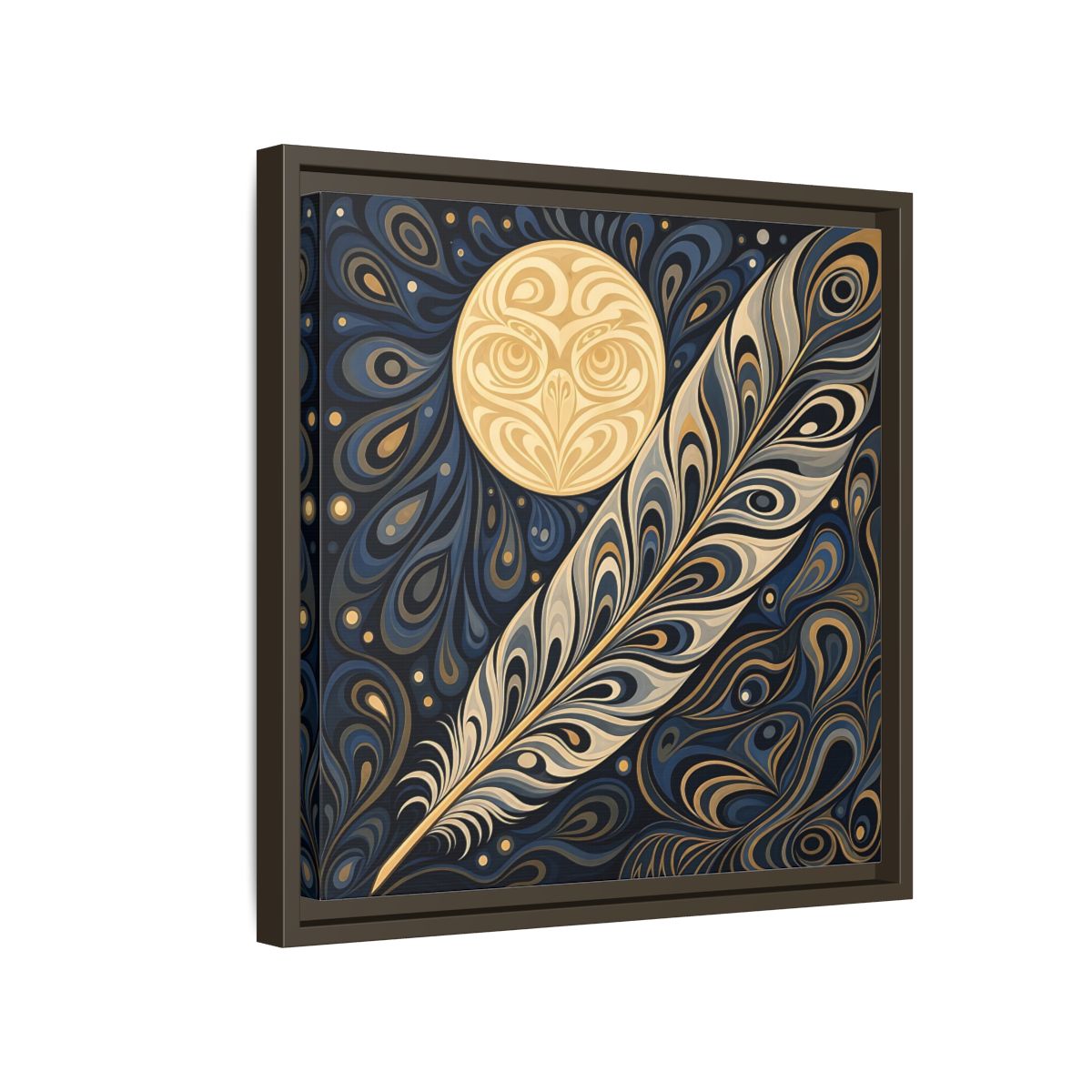 Side Mockup 14. Nature Stylized Feather Blue Gold shown as stretched canvas wall art