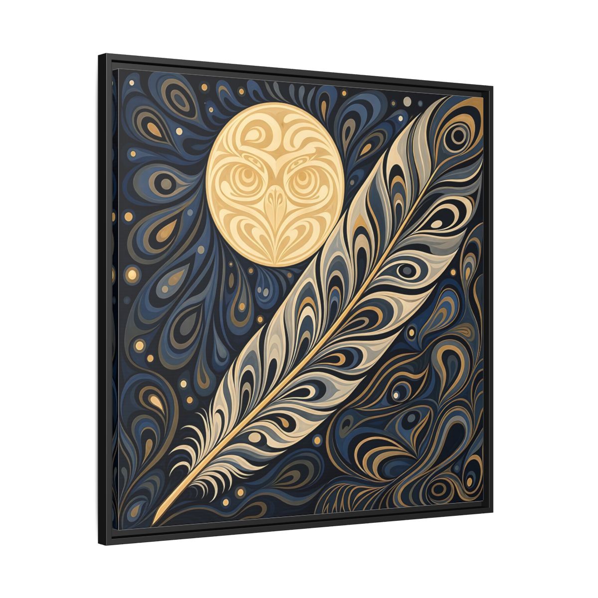 Side Mockup 30. Nature Stylized Feather Blue Gold shown as stretched canvas wall art