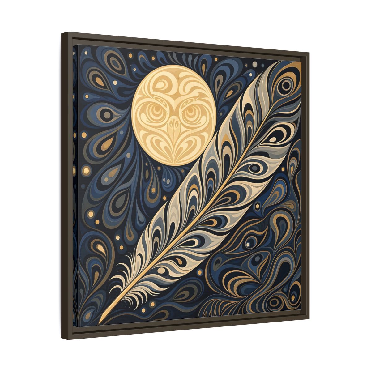 Side Mockup 27. Nature Stylized Feather Blue Gold shown as stretched canvas wall art