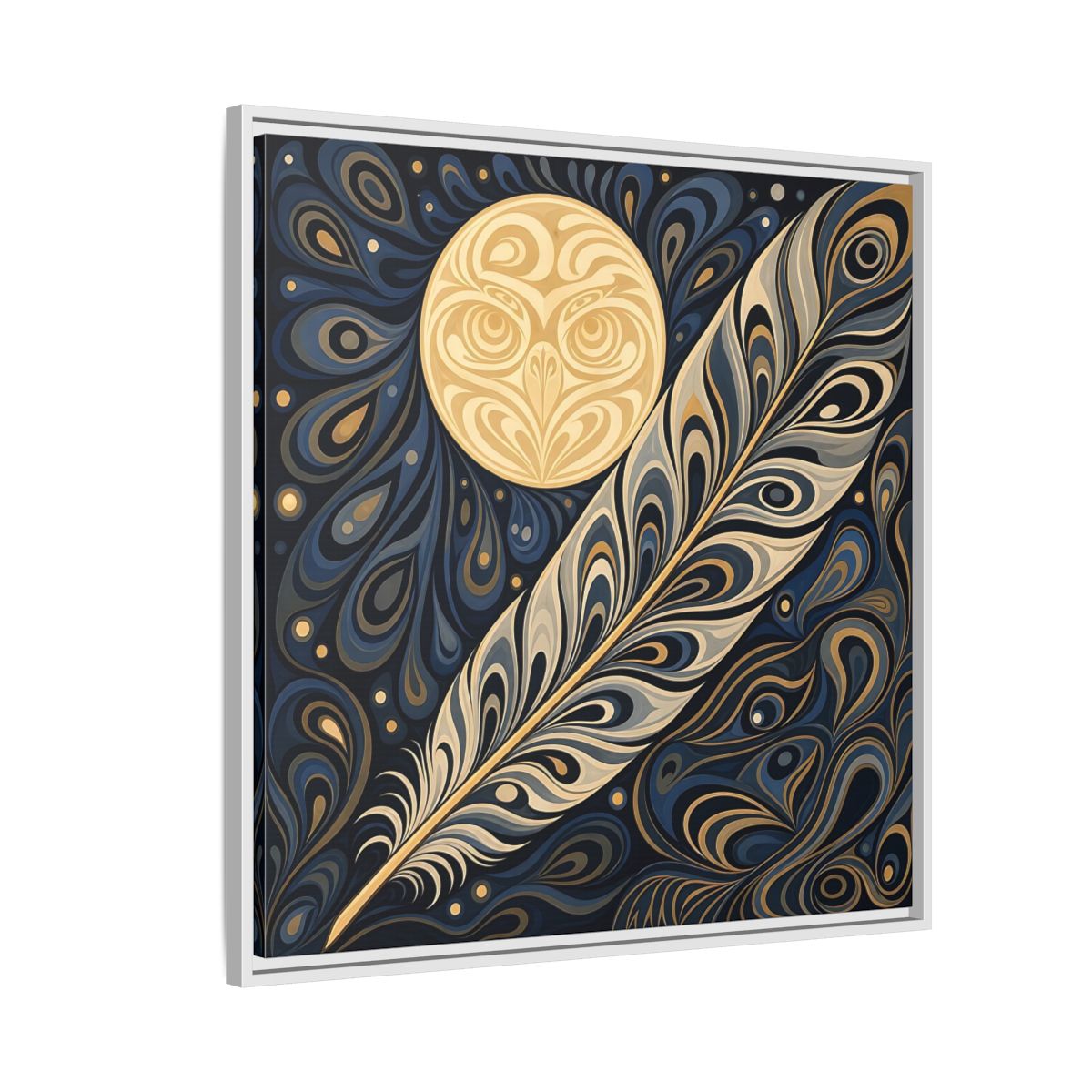 Side Mockup 7. Nature Stylized Feather Blue Gold shown as stretched canvas wall art