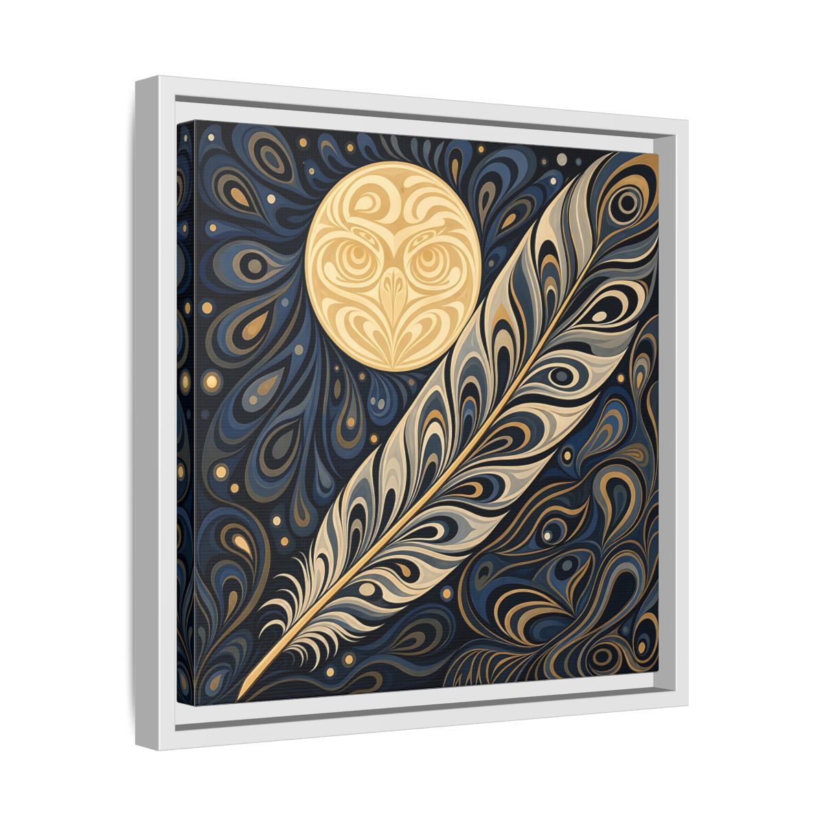 Side Mockup 28. Nature Stylized Feather Blue Gold shown as stretched canvas wall art