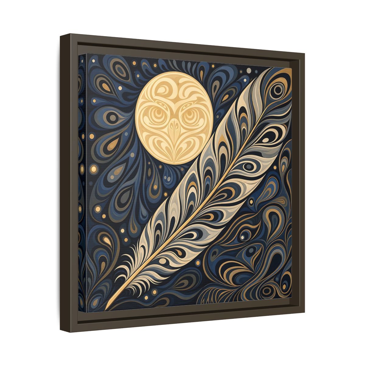 Side Mockup 29. Nature Stylized Feather Blue Gold shown as stretched canvas wall art