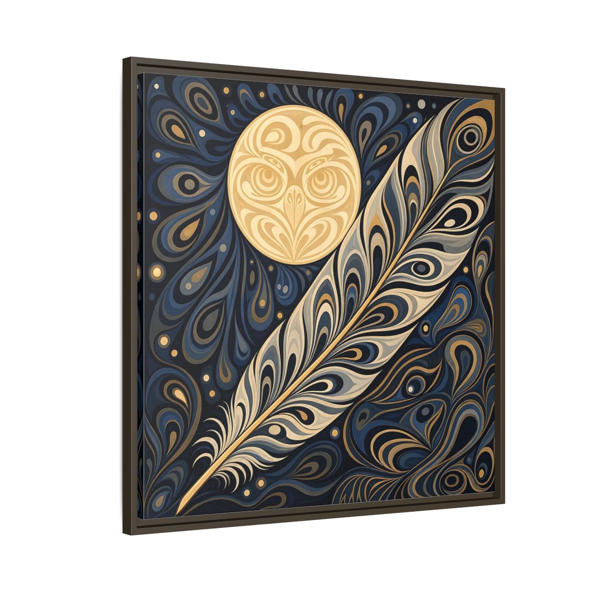 Side Mockup 8. Nature Stylized Feather Blue Gold shown as stretched canvas wall art