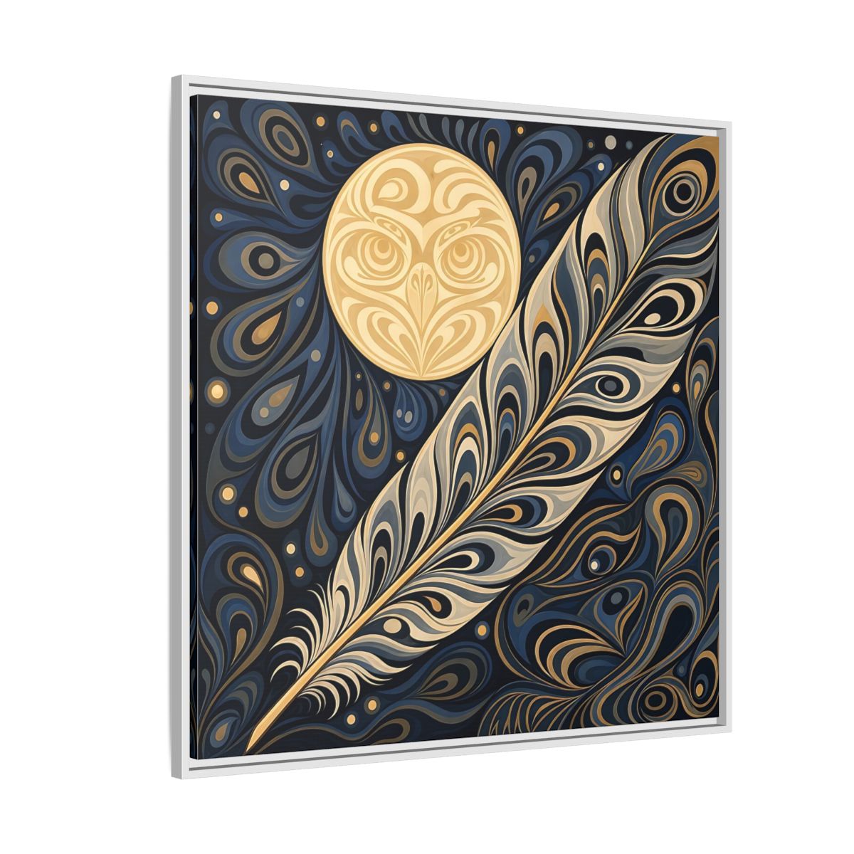 Side Mockup 4. Nature Stylized Feather Blue Gold shown as stretched canvas wall art