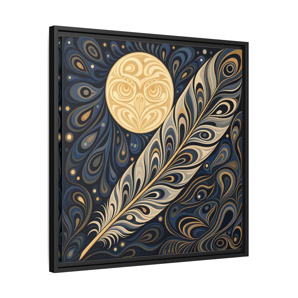 Side Mockup 31. Nature Stylized Feather Blue Gold shown as stretched canvas wall art