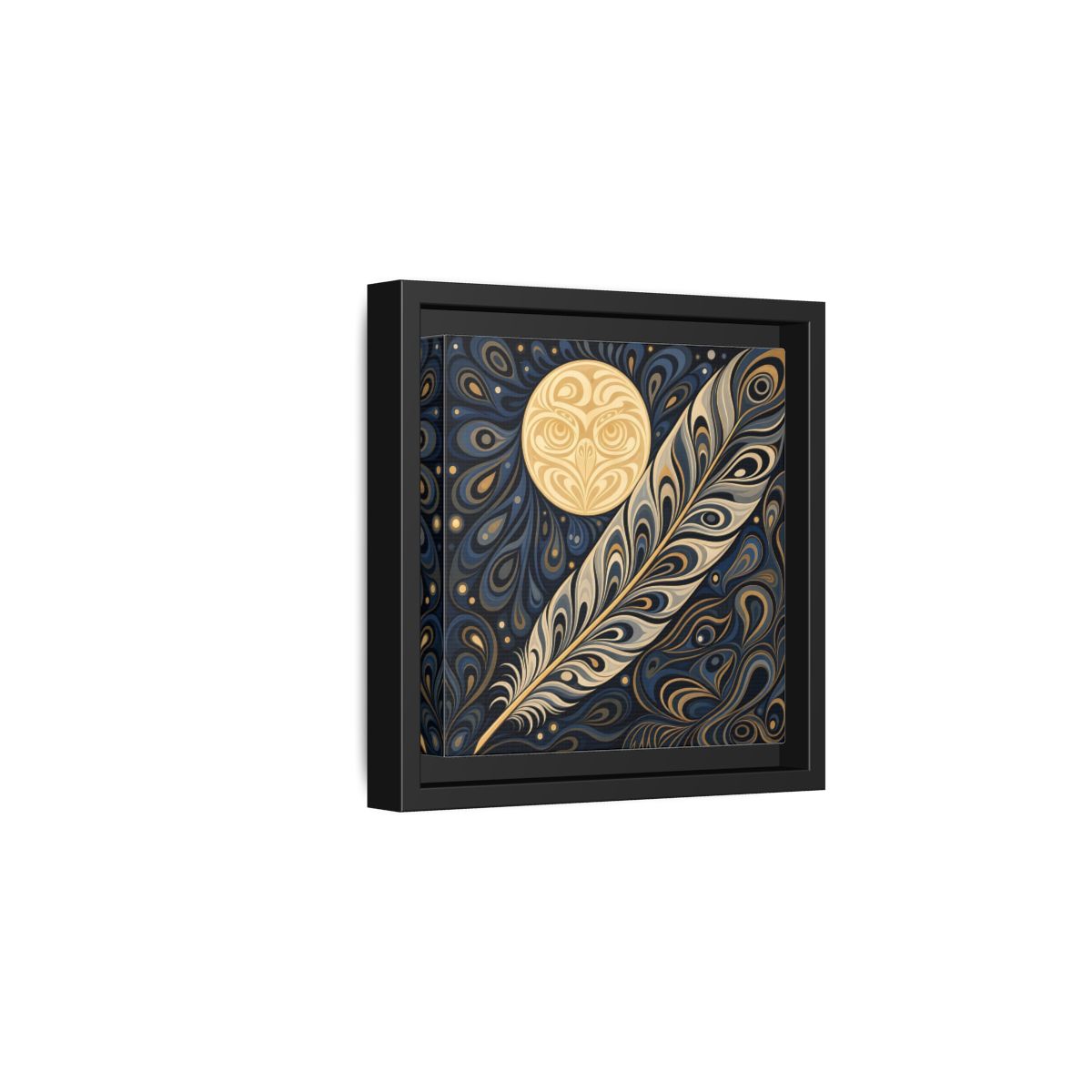 Side Mockup 3. Nature Stylized Feather Blue Gold shown as stretched canvas wall art