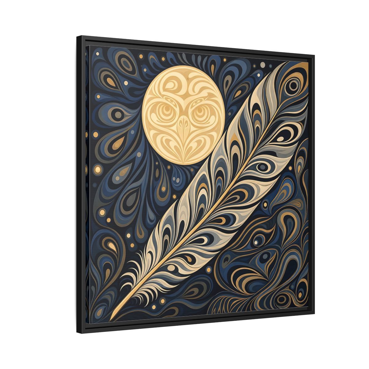 Side Mockup 9. Nature Stylized Feather Blue Gold shown as stretched canvas wall art