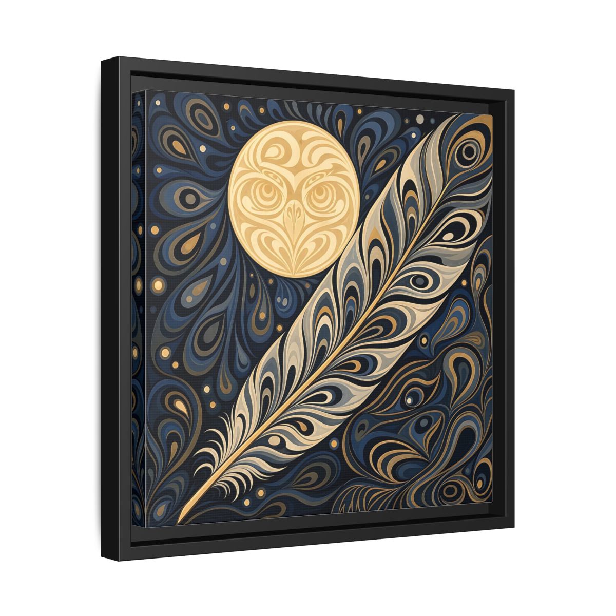 Side Mockup 32. Nature Stylized Feather Blue Gold shown as stretched canvas wall art