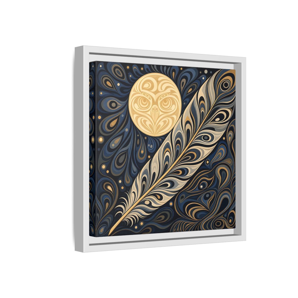 Side Mockup 16. Nature Stylized Feather Blue Gold shown as stretched canvas wall art